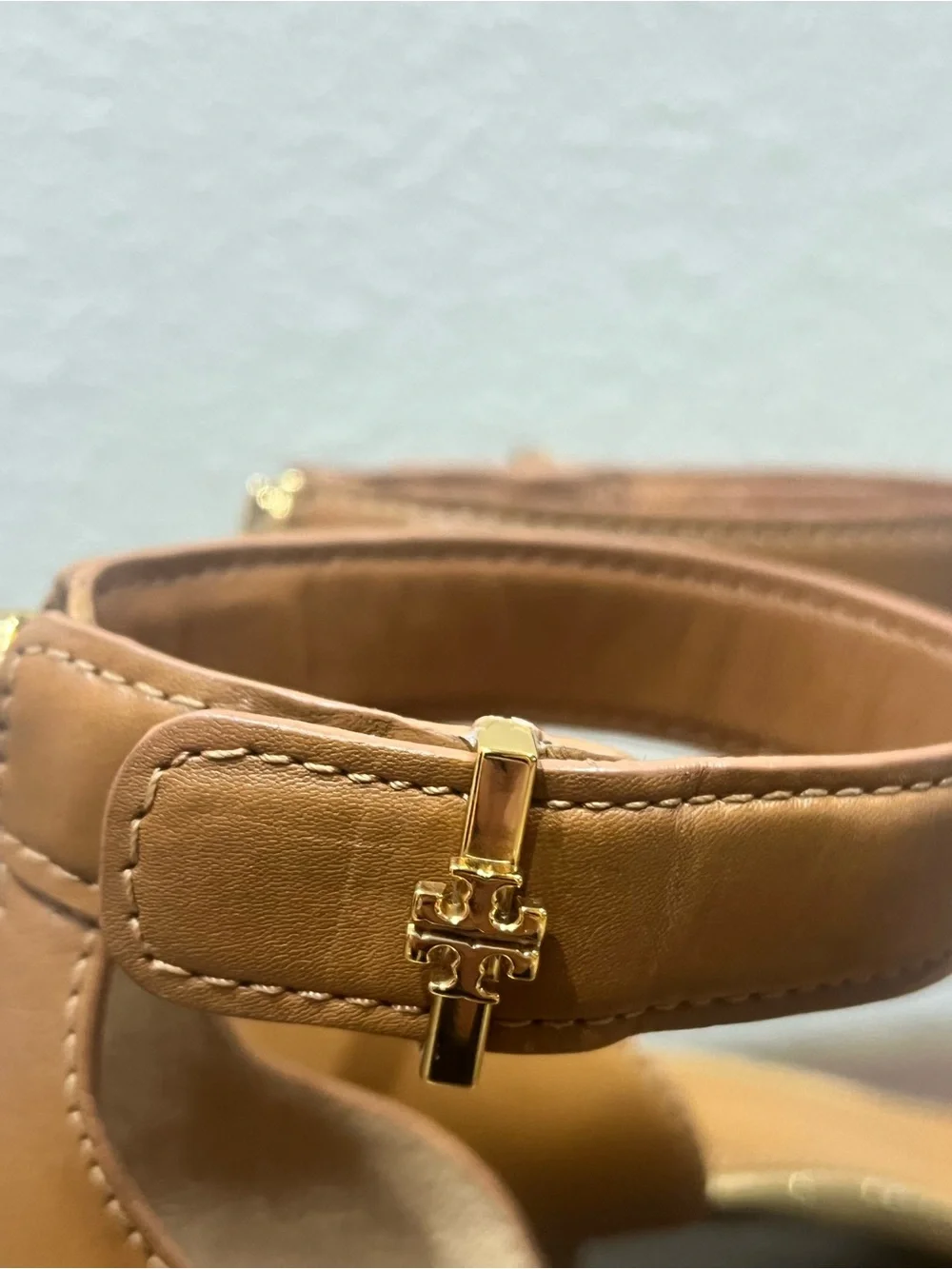Tory Burch | Tana Ankle Wrap City 2” Heels Leather Block Heel Tan Gold